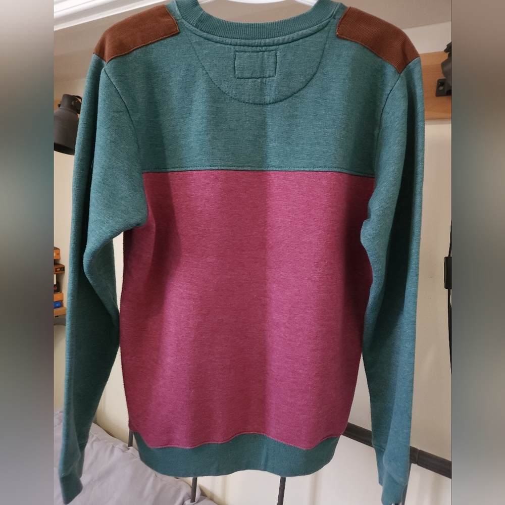 Bellfield Teal and Berry Colorblock Crewneck Sweater with Brown Shoulder Patches - Picture 2 of 4